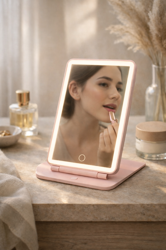 Miroir de maquillage LED transportable – 3 modes d’éclairage, pliable et rechargeable